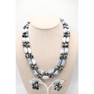 Vintage Japan Necklace Earring Set Blue Gray Beads Double Strand
